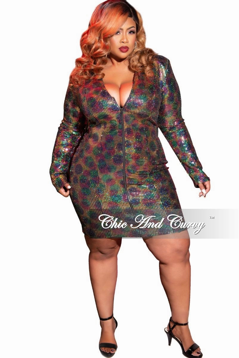hypoallergenic material Final Sale Plus Size Faux Sequin Zip-Up Bodycon Dress in Rainbow Print