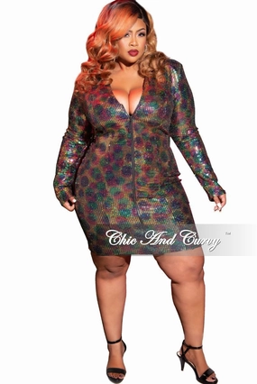 RollUpSleeves AntiSlipGrip Final Sale Plus Size Faux Sequin Zip-Up Bodycon Dress in Rainbow Print