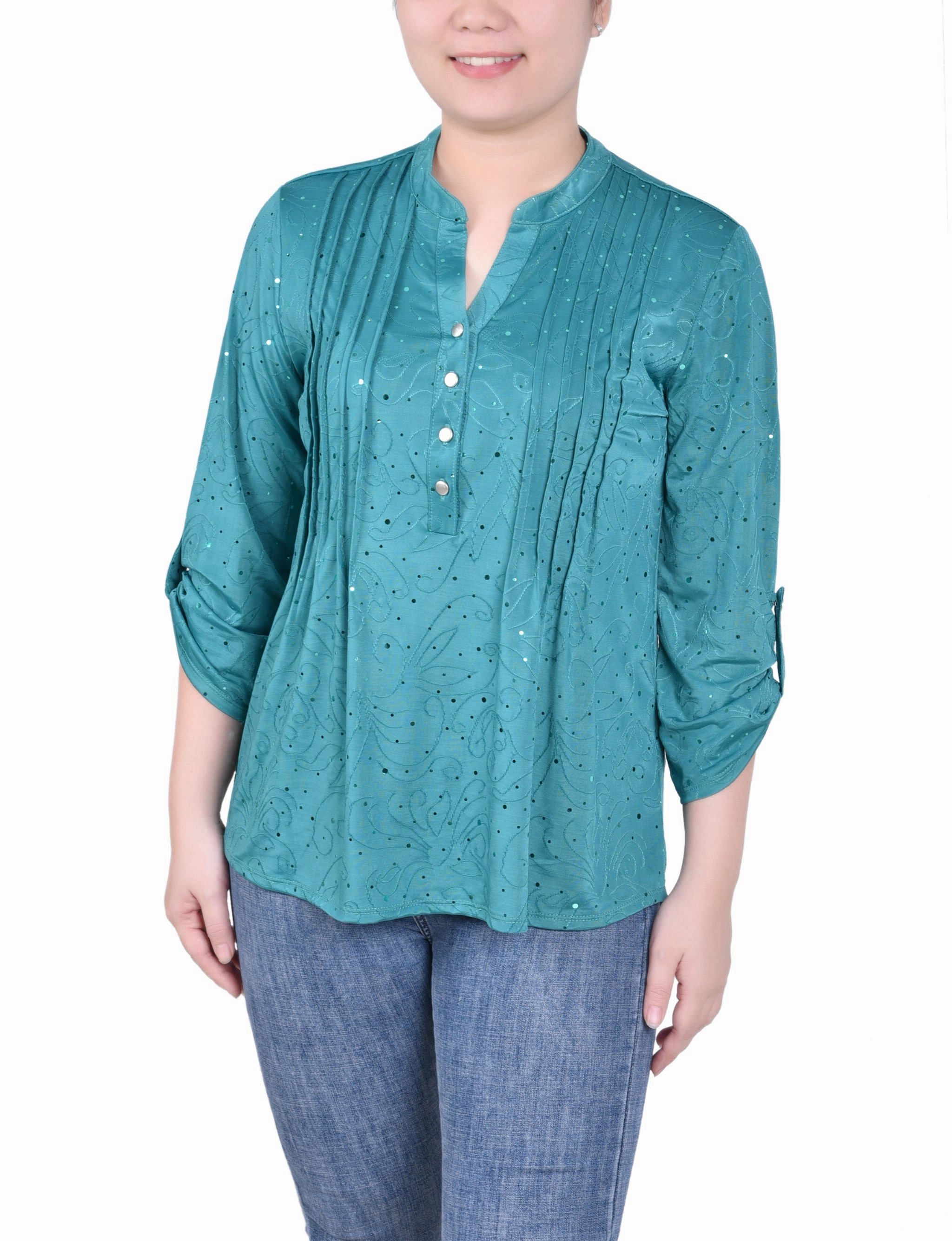 Summer Sweater Petite 3/4 Sleeve Roll Tab Y Neck Top