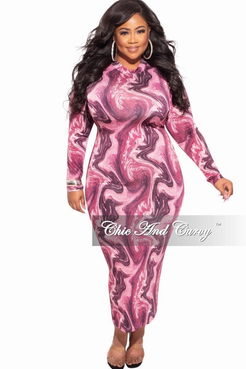 Athletic Comfort Relaxed Fit Design Final Sale Plus Size Reversible Bodycon Dress in Pink Abstract Print