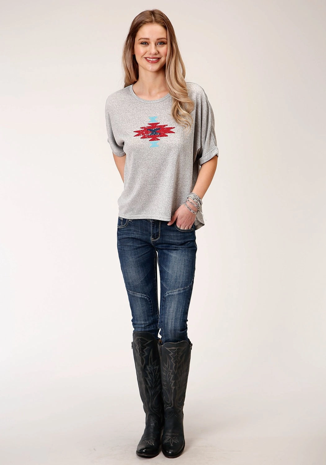 Errand Ready Non Restrictive Armhole Roper Womens Heather Grey Polyester Dolman Aztec S/S T-Shirt