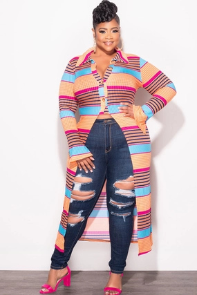 Final Sale Plus Size Ribbed Collar Button Up High-Low Top in Orange Multi Color Print Water-resistant