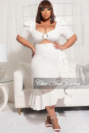 stain resistant coating Feminine Cut Final Sale Plus Size 2pc Crop Top and High Waist Ruffle Contrast Lace Skirt in Ivory
