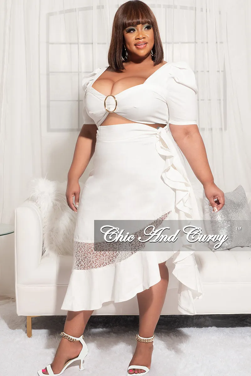 Utility Style Easy Travel Final Sale Plus Size 2pc Crop Top and High Waist Ruffle Contrast Lace Skirt in Ivory