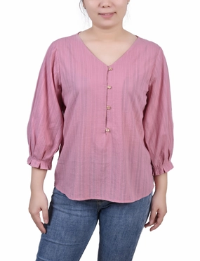 Reflective Accent Stripes BioBased Fiber 3/4 Sleeve Button Placket Jacquard Blouse