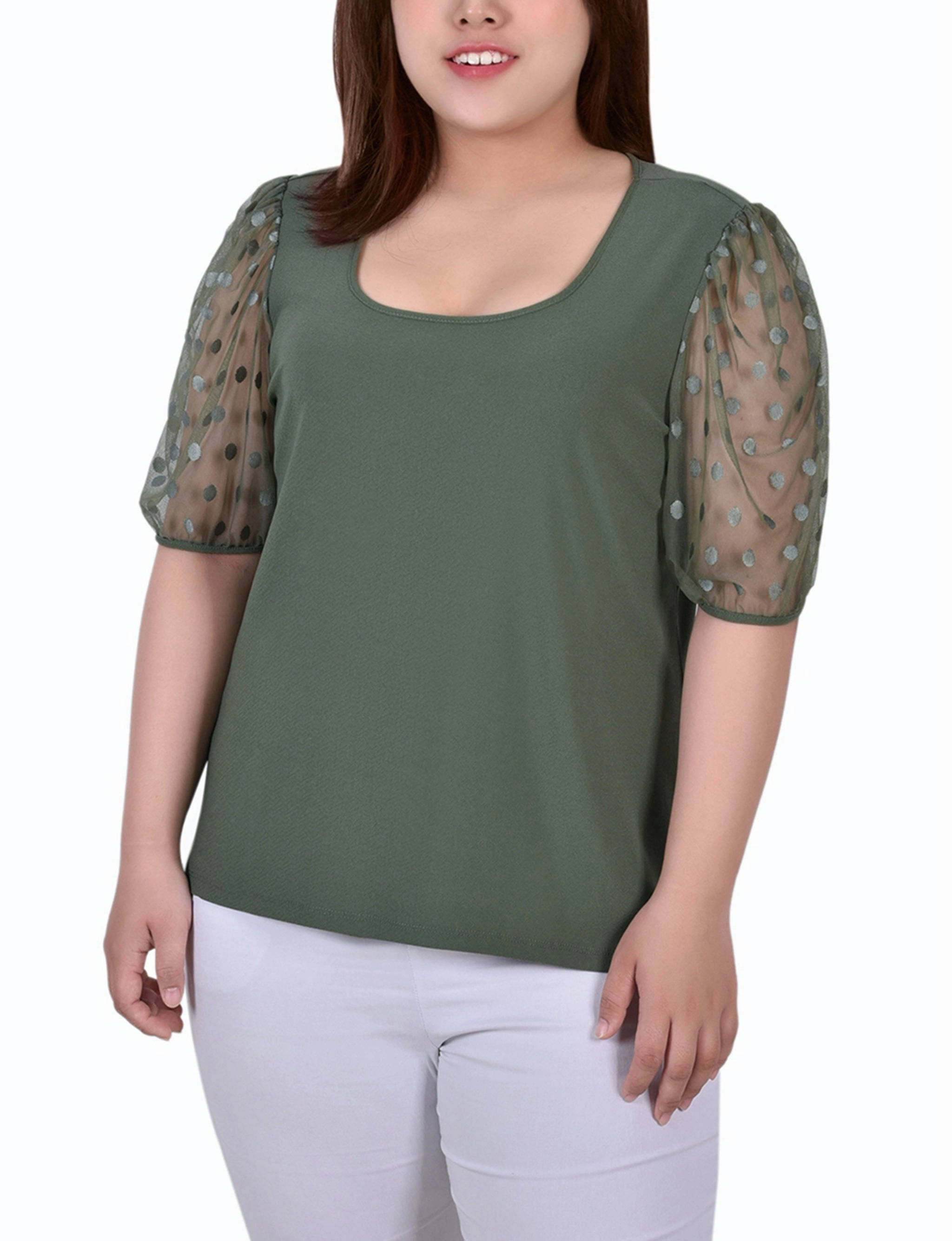 All Over Print Technique Plus Size Elbow Sleeve Crepe Top With Mesh Dotted Sleeves