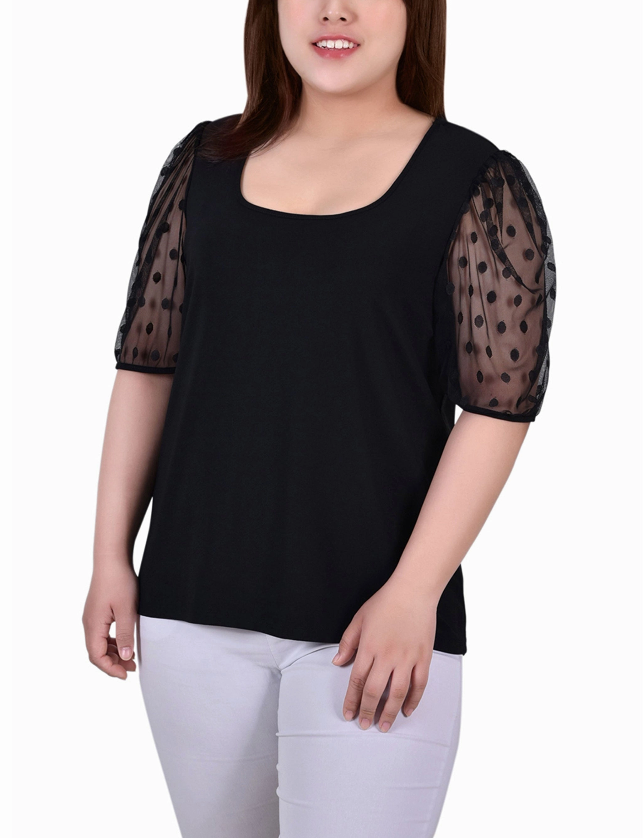 Plus Size Elbow Sleeve Crepe Top With Mesh Dotted Sleeves Elegant Blouse Flexible Ribbing