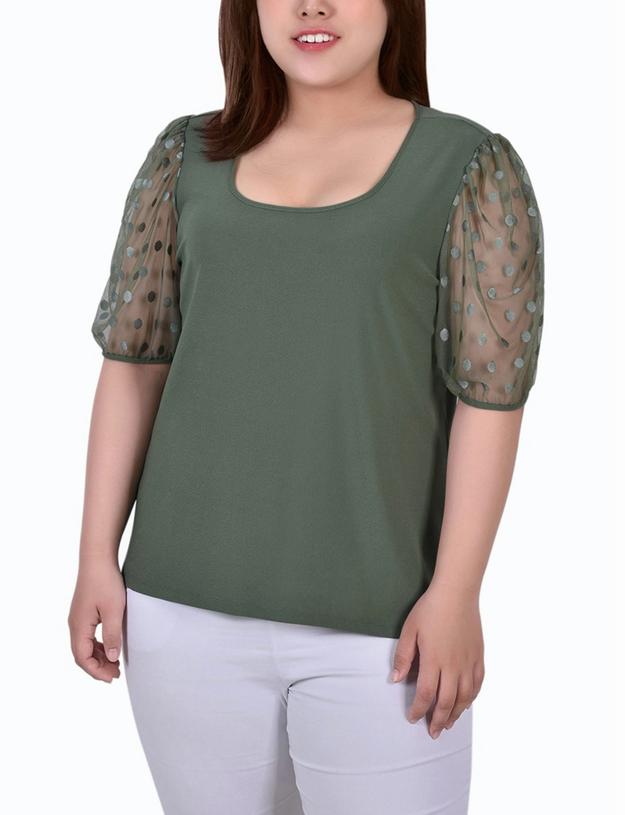 Plus Size Elbow Sleeve Crepe Top With Mesh Dotted Sleeves Everyday Jacket