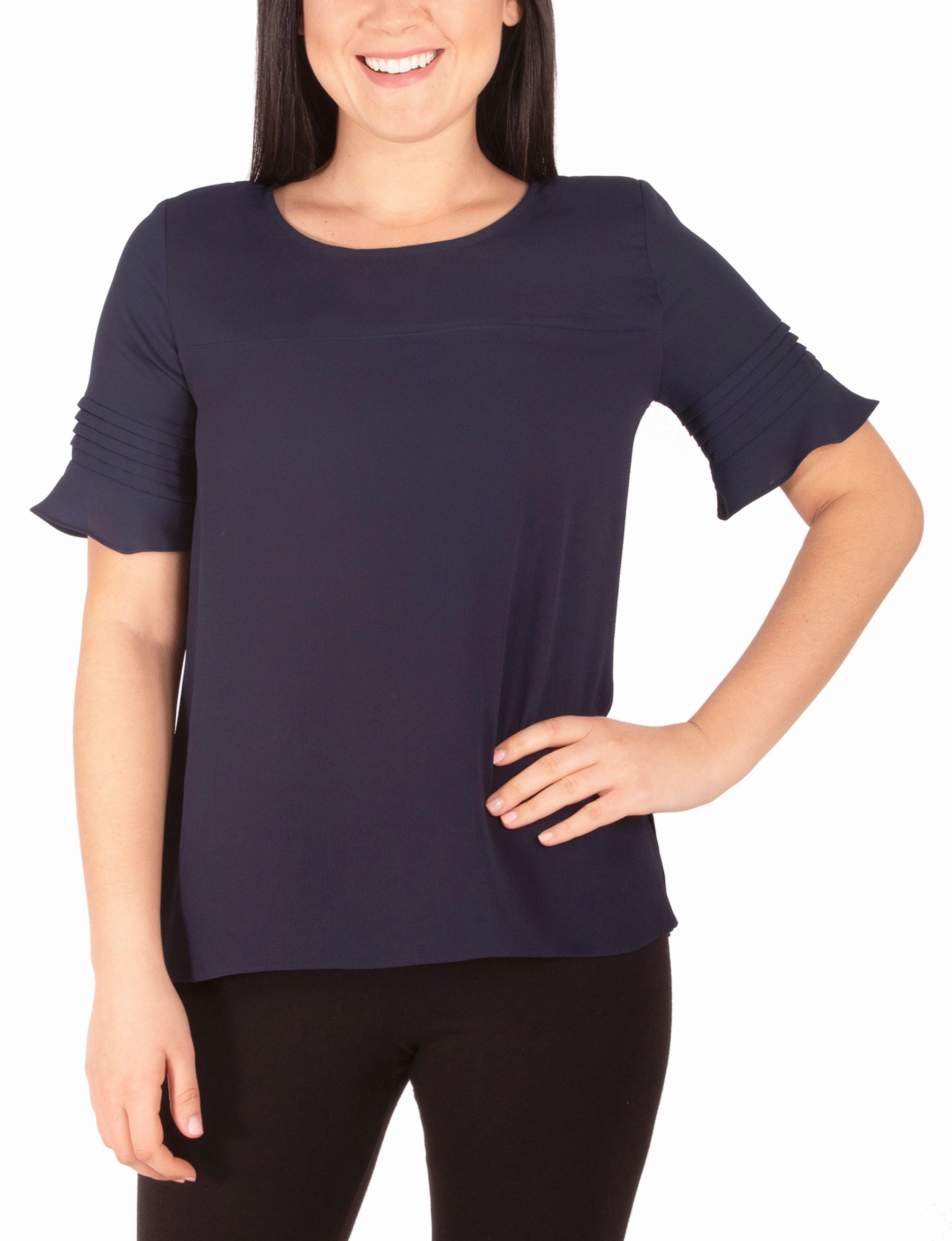 Weighted Hem CrossGrain Fabric Petite Short Sleeve Dobby And Crepe Blouse