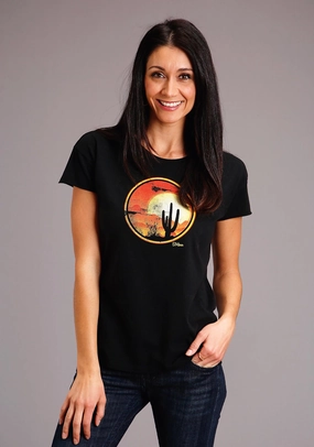 Double Stitched Seams Stetson Womens Black 100% Cotton Cactus/Red Sunset S/S T-Shirt