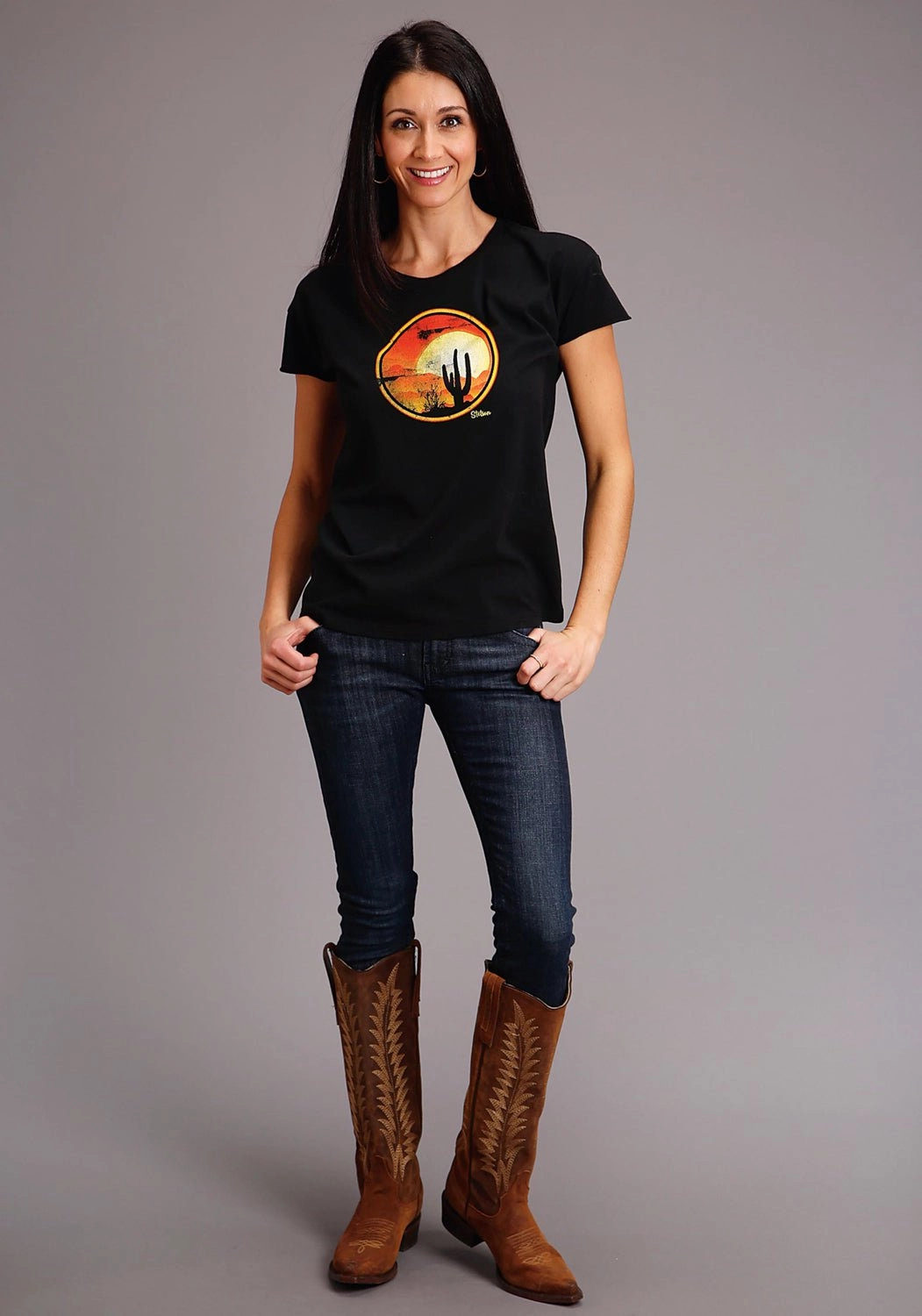 Striped Design Wrinkle Free Care Stetson Womens Black 100% Cotton Cactus/Red Sunset S/S T-Shirt