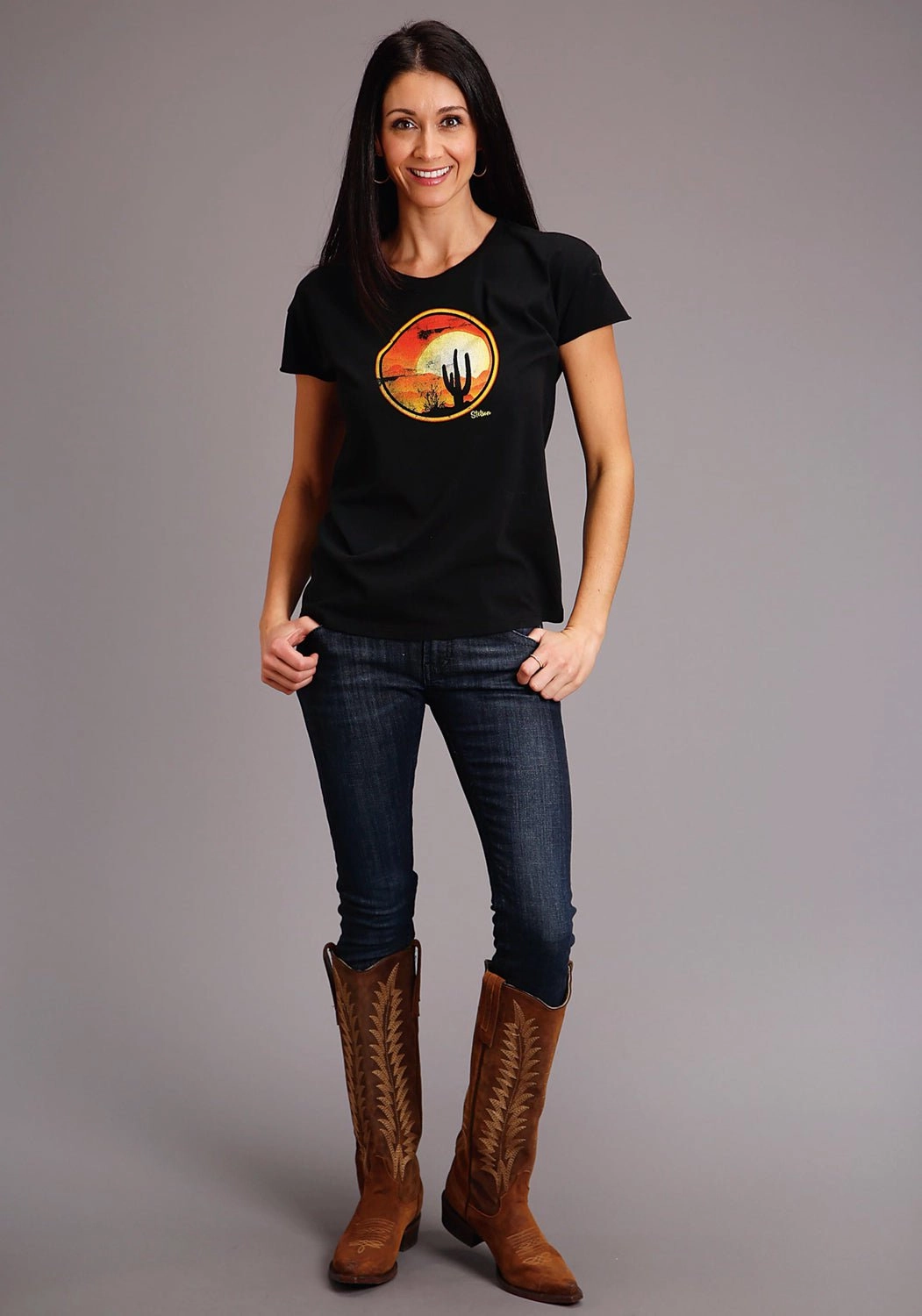 Seasonal Collection Polished Finish Stetson Womens Black 100% Cotton Cactus/Red Sunset S/S T-Shirt