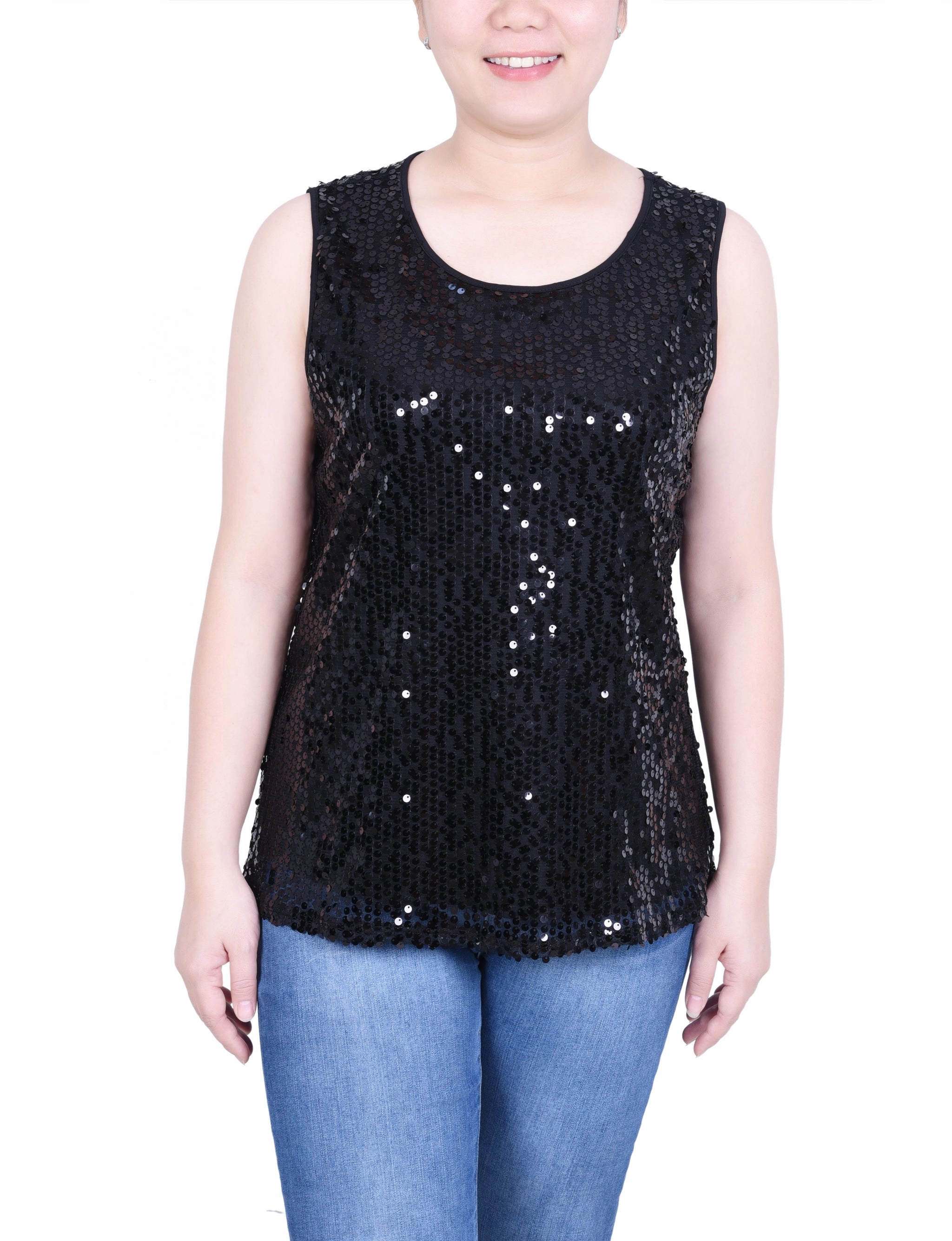 Petite Sleeveless Sequined Tank Top With Combo Banding BondedShoulderTaping