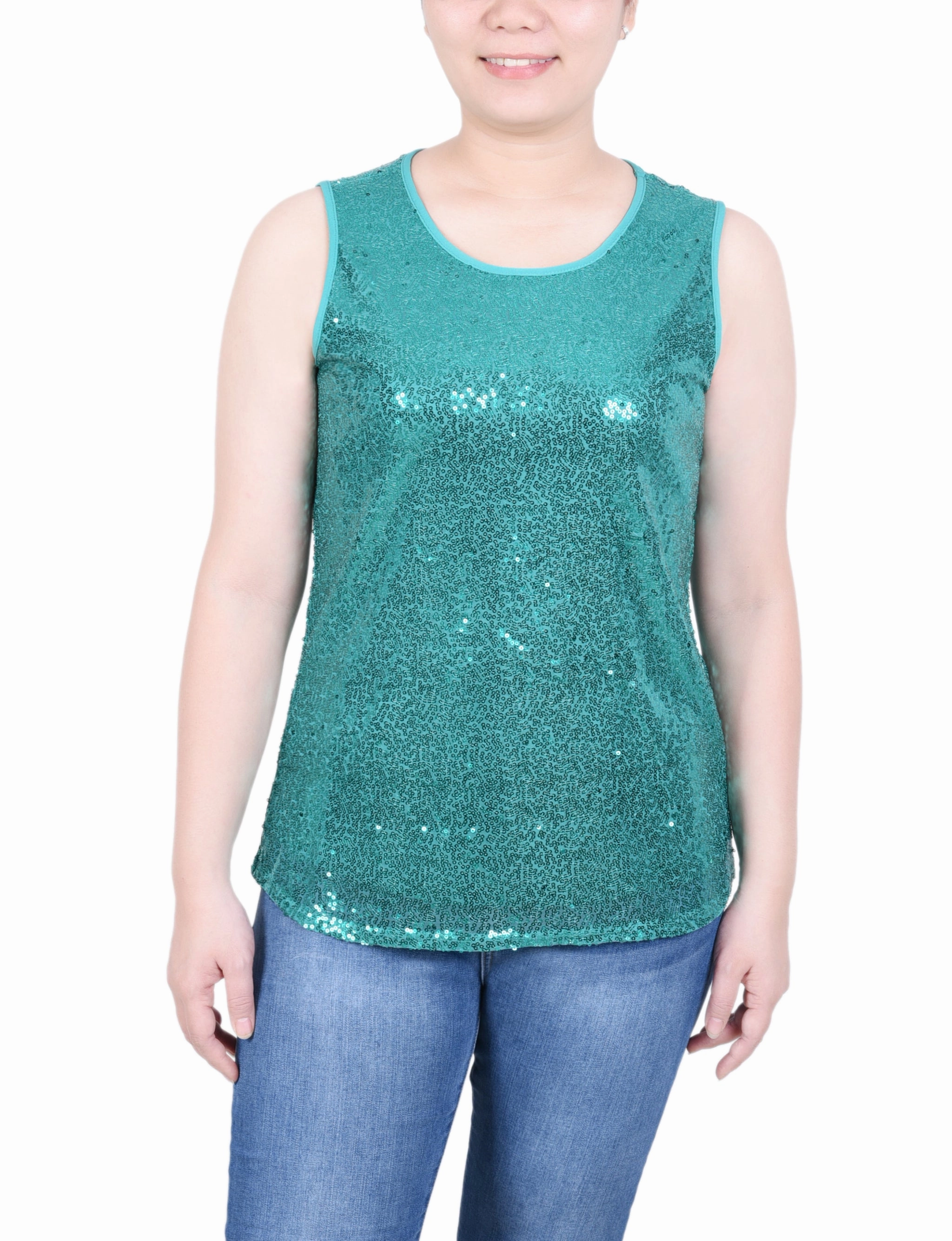 Reinforced Seam Technique Adjustable Hemline Petite Sleeveless Sequined Tank Top With Combo Banding