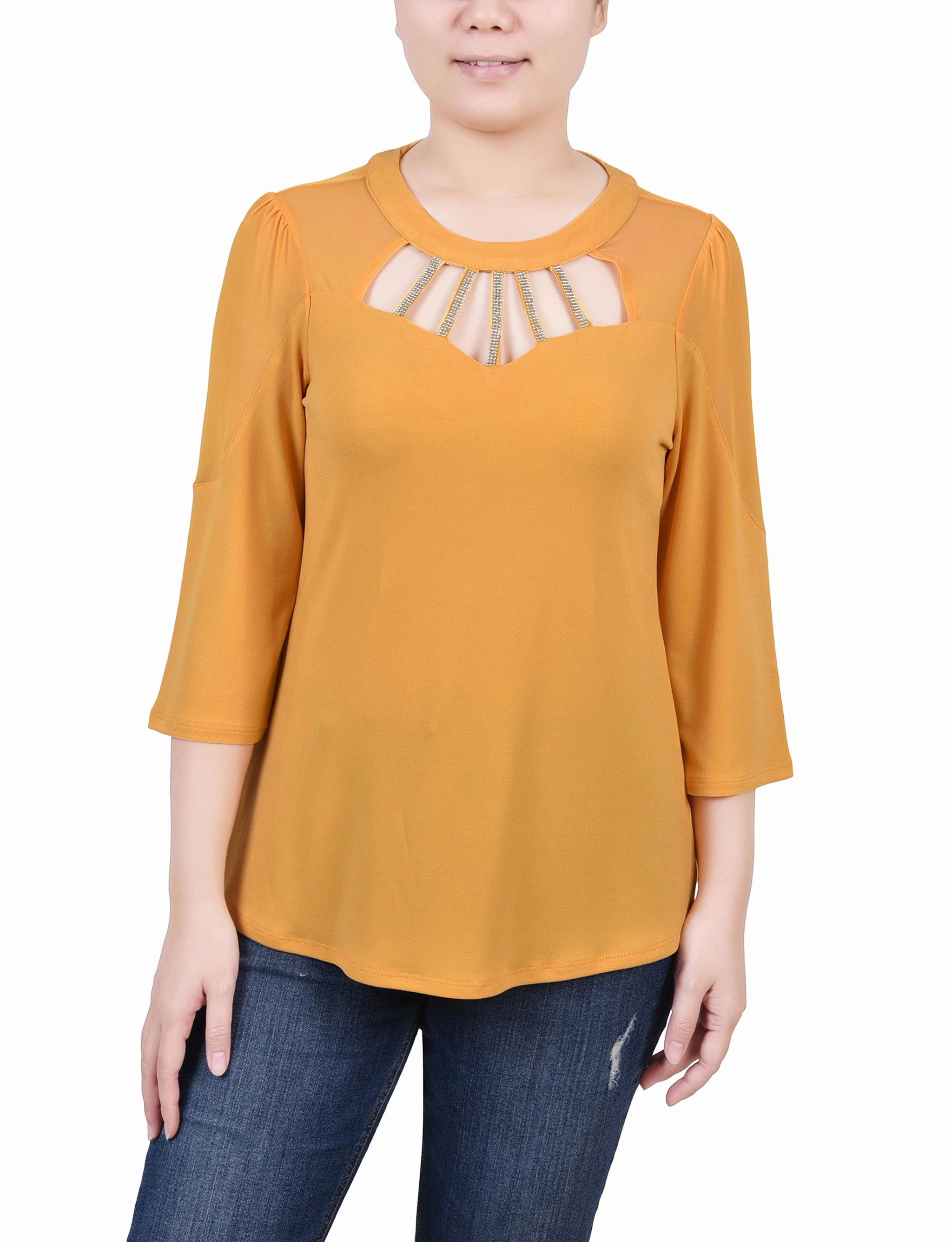 EasyCare Material Petite 3/4 Sleeve Top With Neckline Cutouts and Stones