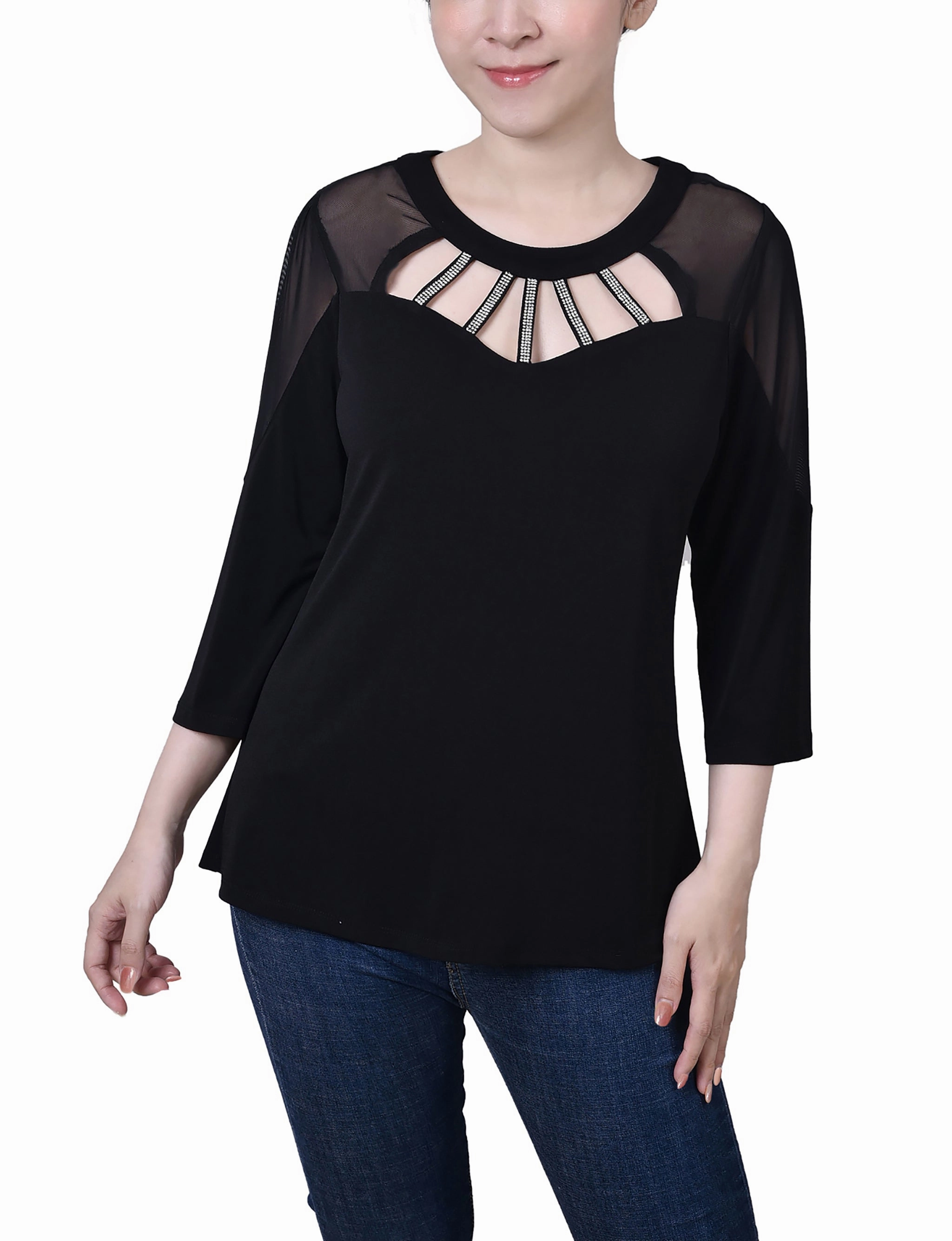 Petite 3/4 Sleeve Top With Neckline Cutouts and Stones Moisture Control Lining