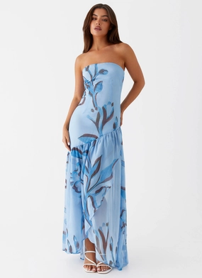 Solaris Strapless Maxi Dress - Blue Floral Subtle Elegance High low hem