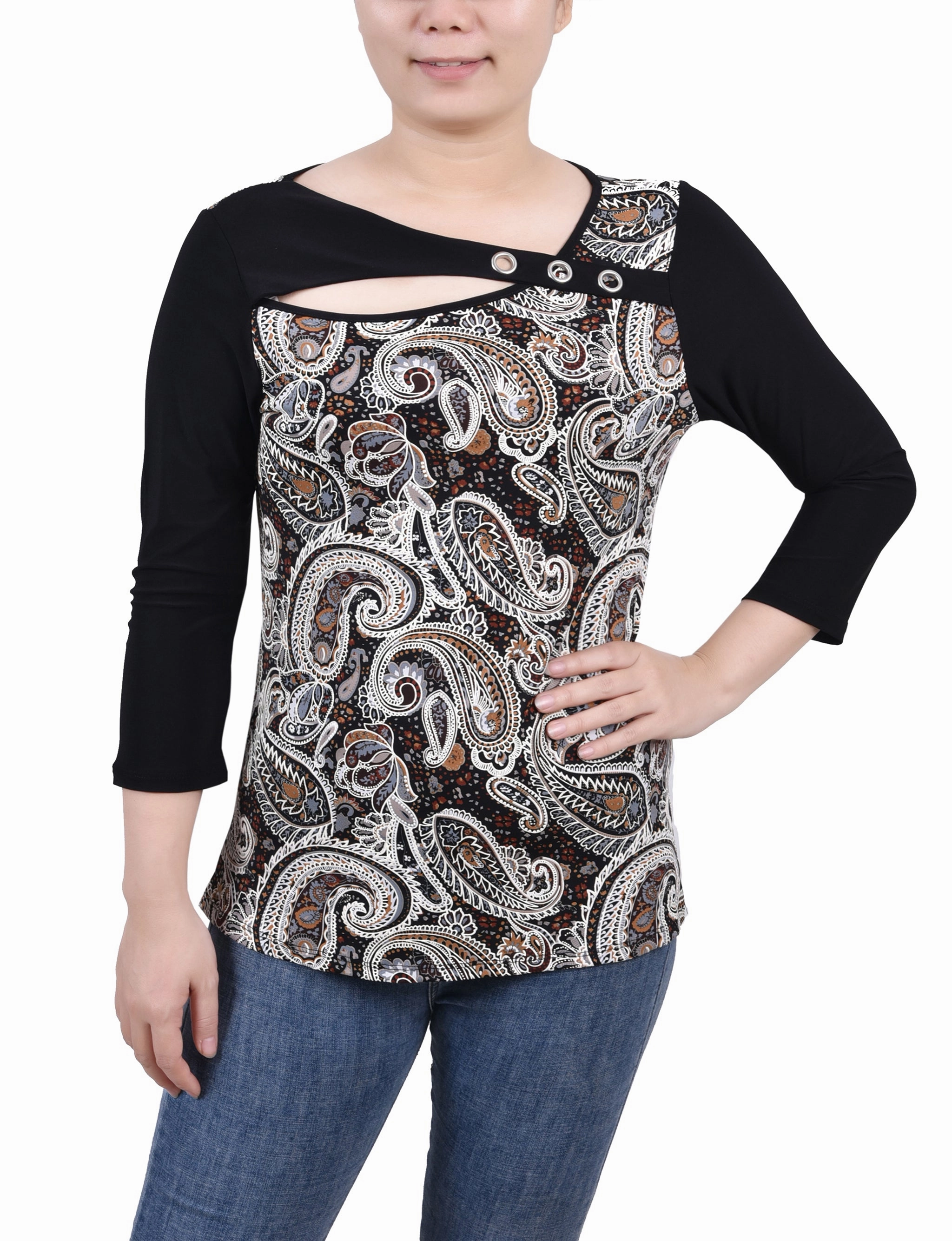 Petite 3/4 Sleeve Puff Print Cutout Top Textured Fabric Finish Thermal Insulation Tech