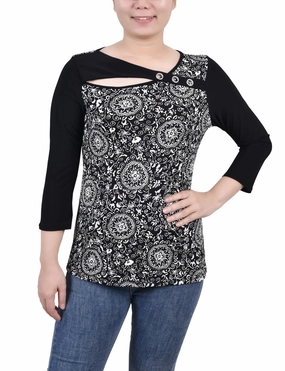 Petite 3/4 Sleeve Puff Print Cutout Top Layered Neckline Details