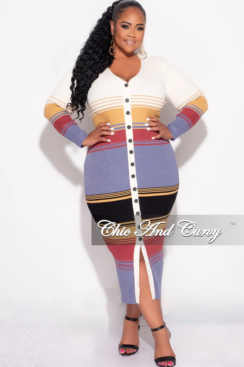 Comfort Style Day Wear Final Sale Plus Size Button Up Midi Dress in Multi Color Stripe Print