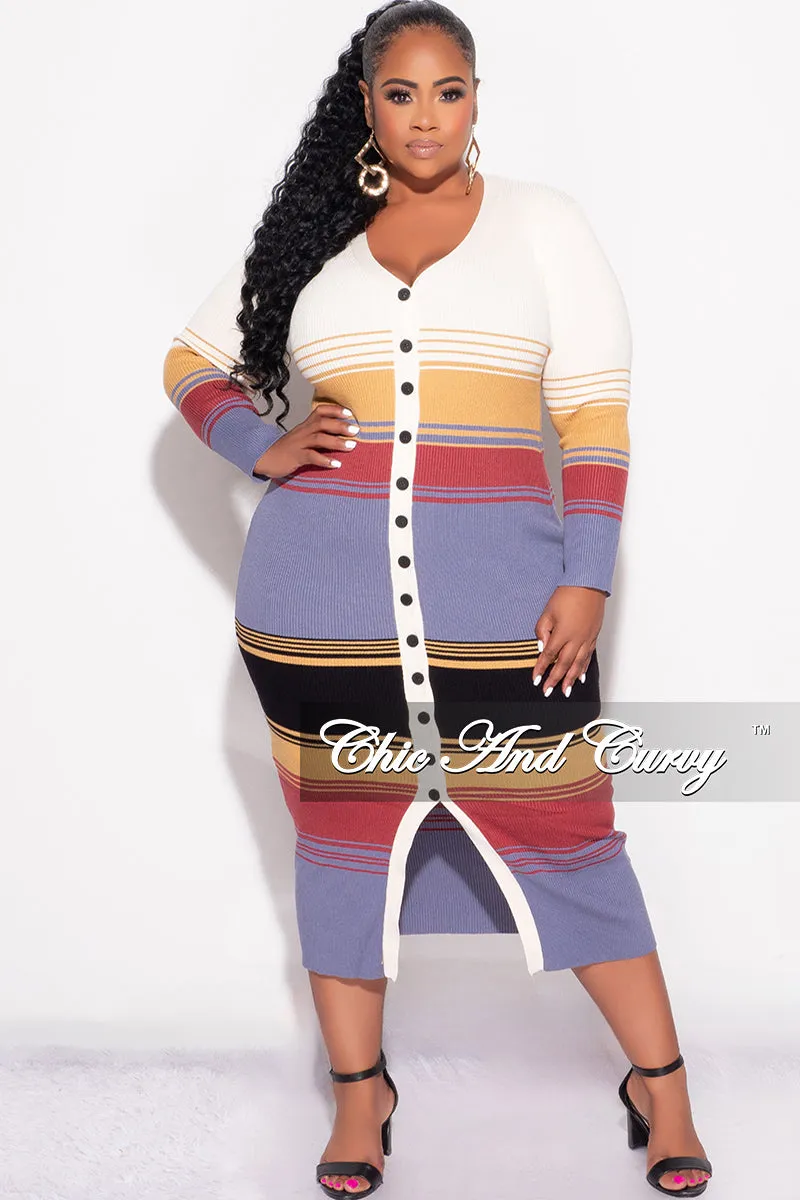 Final Sale Plus Size Button Up Midi Dress in Multi Color Stripe Print Durable Hemming Fashion Fit