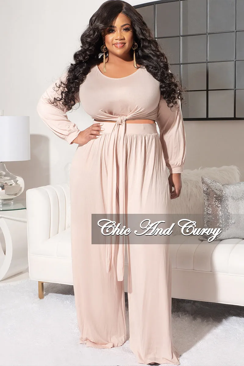 Flexible Gusset Design High-waisted fit Final Sale Plus Size 2pc Long Sleeve Tie Top and Pants Set in Nude