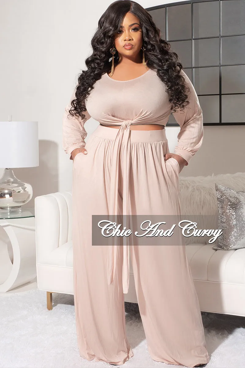 Weekend Ready FlexibleKneePanels Final Sale Plus Size 2pc Long Sleeve Tie Top and Pants Set in Nude