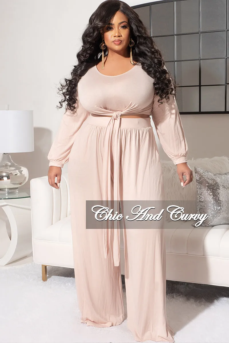 Static free Odor Control Technology Final Sale Plus Size 2pc Long Sleeve Tie Top and Pants Set in Nude