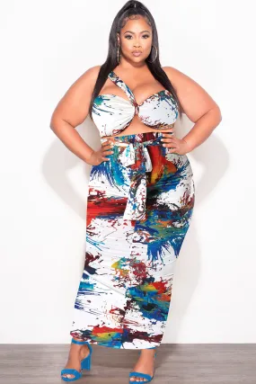 Supportive Fit Slim Look Fit Final Sale Plus Size 2pc One Shoulder Twist Front Bra Top and Skirt in Multi Color Print
