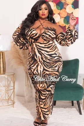 Breath Friendly Relaxed Lines Final Sale Plus Size Off The Shoulder Halter Bodycon with Front Cutout in Tiger Print