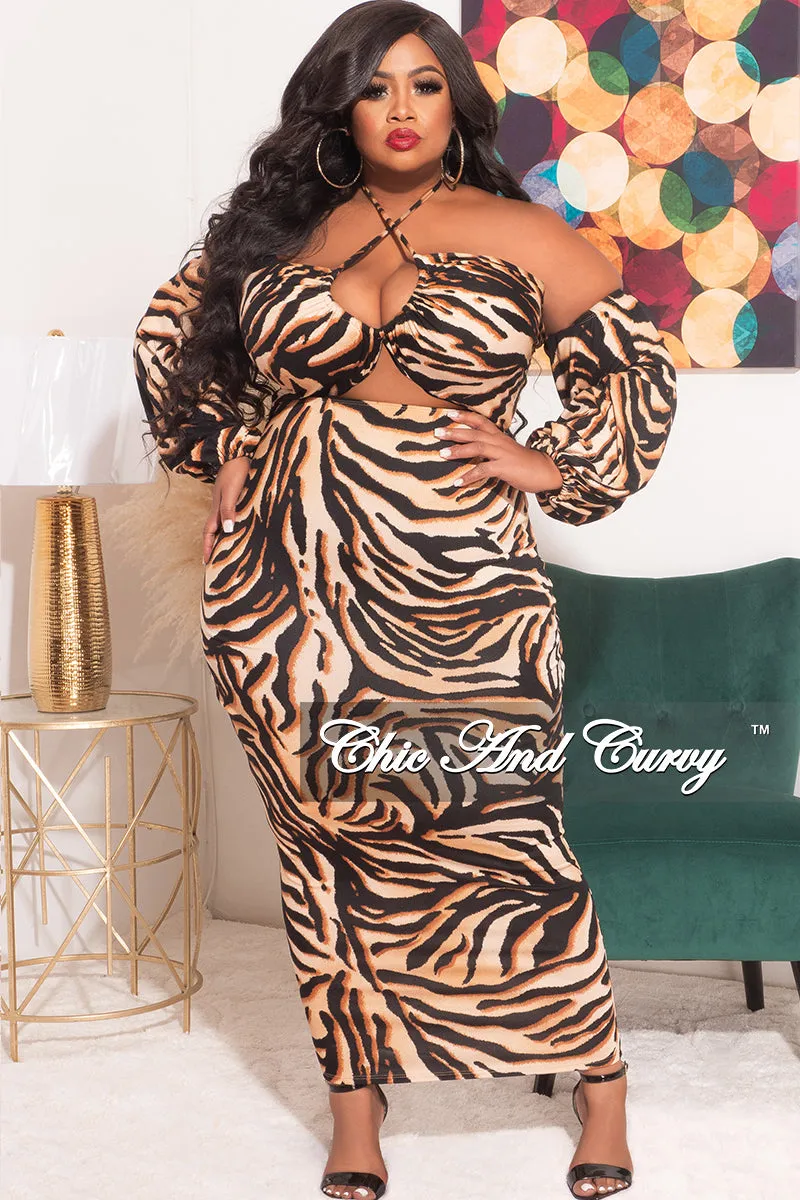 Adjustable Fit Final Sale Plus Size Off The Shoulder Halter Bodycon with Front Cutout in Tiger Print
