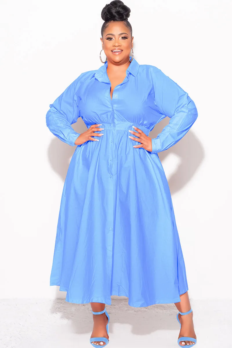 Detachable belt Sport Flex Final Sale Plus Size Long Sleeve Collar Button Up Dress in Blue