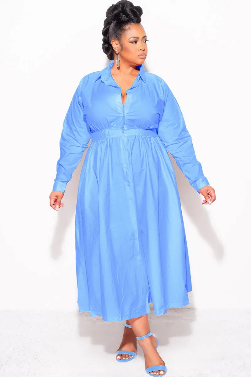 Final Sale Plus Size Long Sleeve Collar Button Up Dress in Blue Timeless Layers