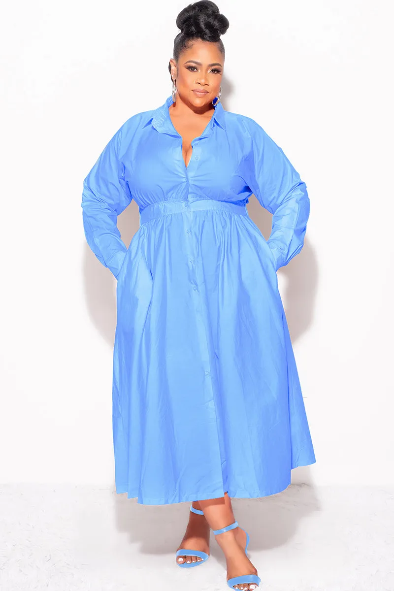 Neutral Look Final Sale Plus Size Long Sleeve Collar Button Up Dress in Blue