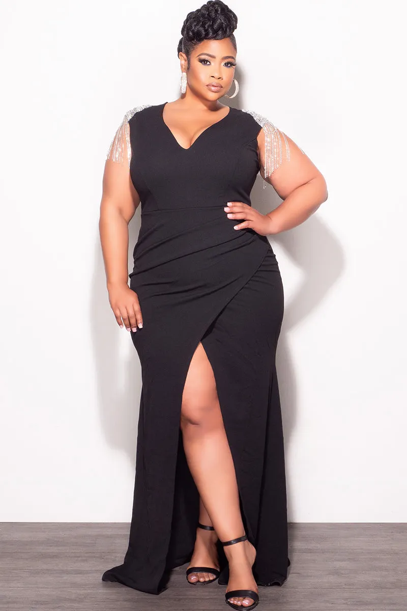 Final Sale Plus Size Deep V Rhinestone Fringe Shoulder With Maxi Dress in Black Relaxed Wearable