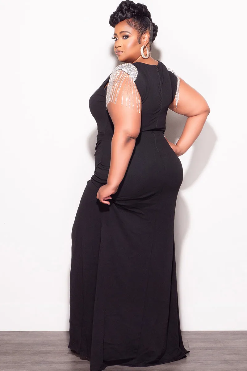 Reflective accents QuickDryTechnology Final Sale Plus Size Deep V Rhinestone Fringe Shoulder With Maxi Dress in Black