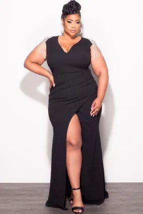TaperedLeg Clean Fit Final Sale Plus Size Deep V Rhinestone Fringe Shoulder With Maxi Dress in Black