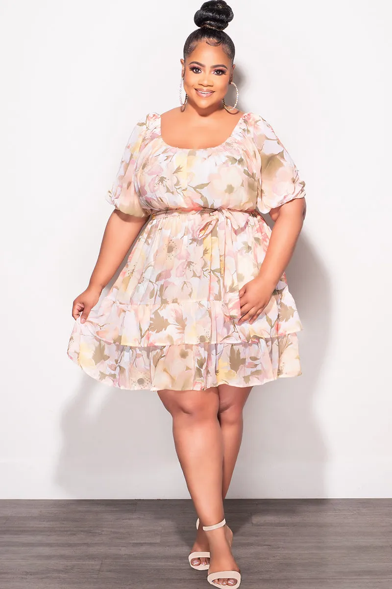 Final Sale Plus Size Chiffon Dress in Beige, Green, & White Floral Print Quick Comfort Comfortable fit