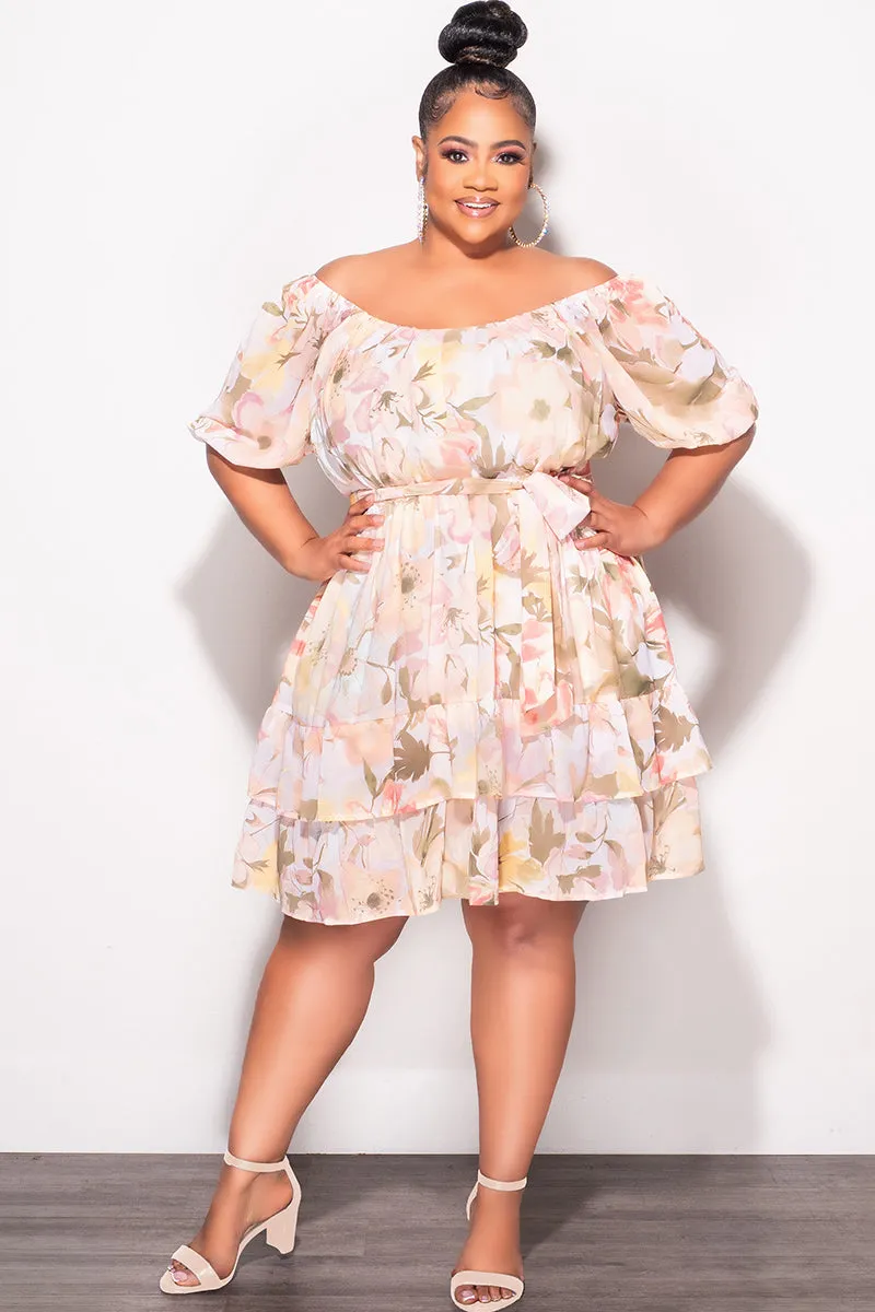 Final Sale Plus Size Chiffon Dress in Beige, Green, & White Floral Print Fashionable Fit