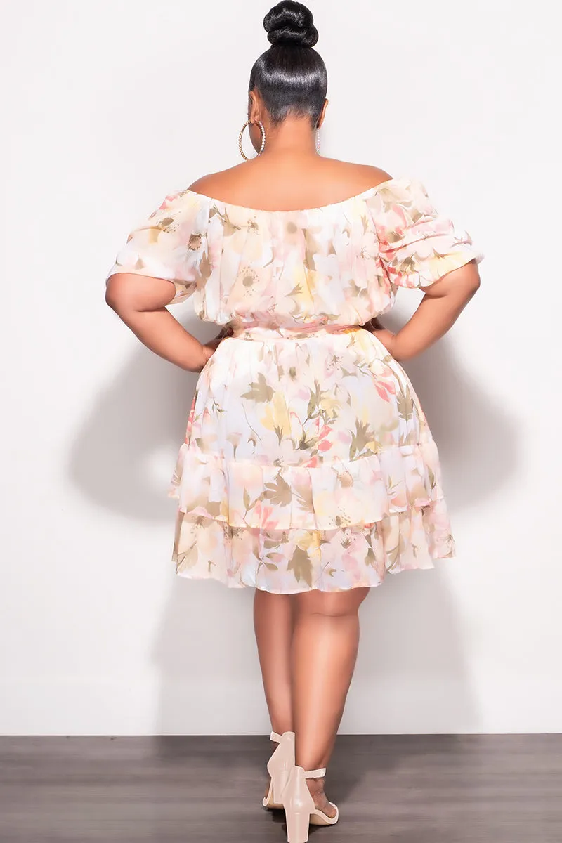 Final Sale Plus Size Chiffon Dress in Beige, Green, & White Floral Print Go Anywhere