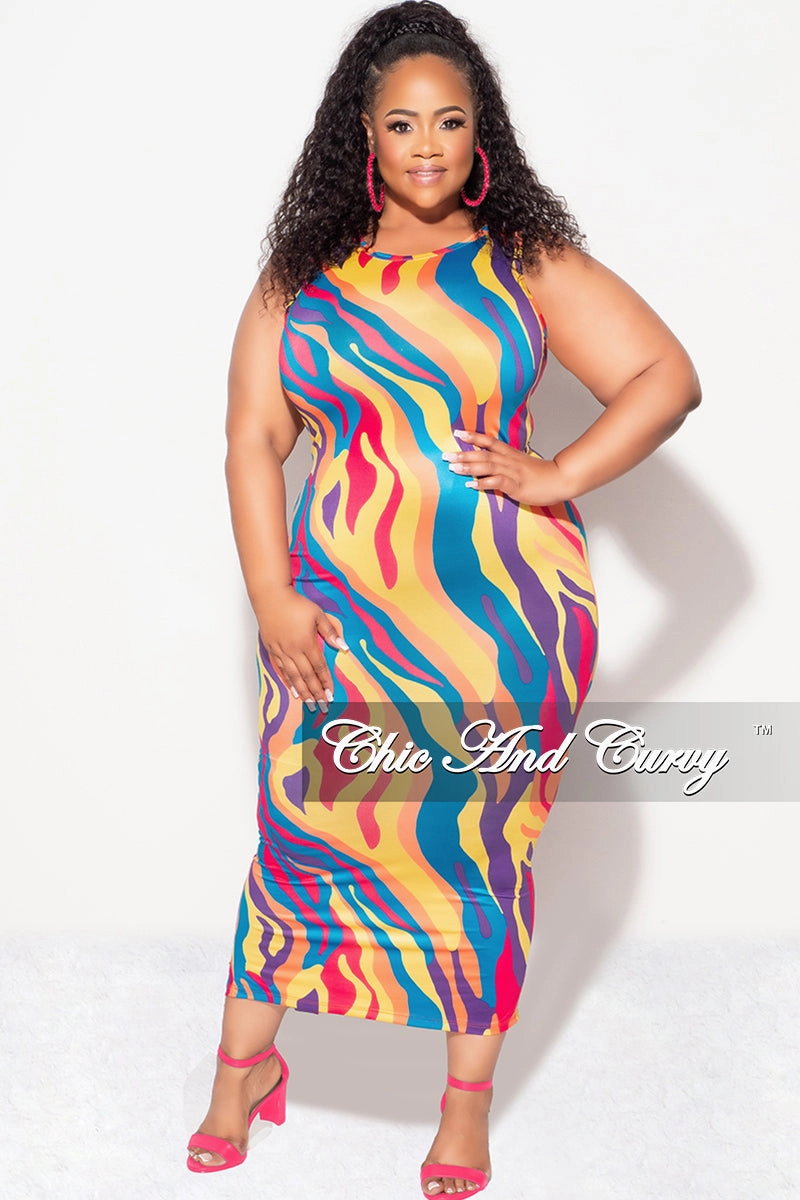Final Sale Plus Size Sleeveless Midi Dress with Back Slit in Multi Color Print Decorative stitching Lightweight Weave