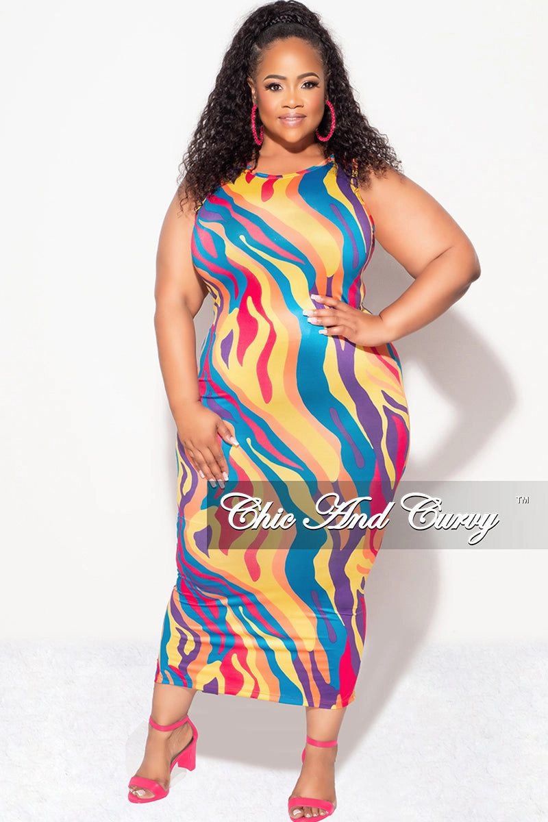 Reflective Trim Final Sale Plus Size Sleeveless Midi Dress with Back Slit in Multi Color Print
