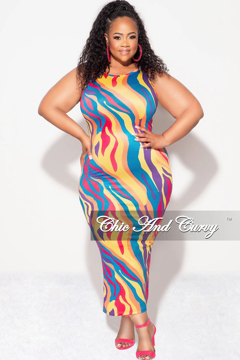 Eco Friendly Dye Process Final Sale Plus Size Sleeveless Midi Dress with Back Slit in Multi Color Print