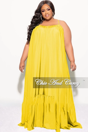 Flexible Ankle Cuffs Mesh Panel Final Sale Plus Size Spaghetti Strap Peasant Maxi Dress in Yellow Mustard