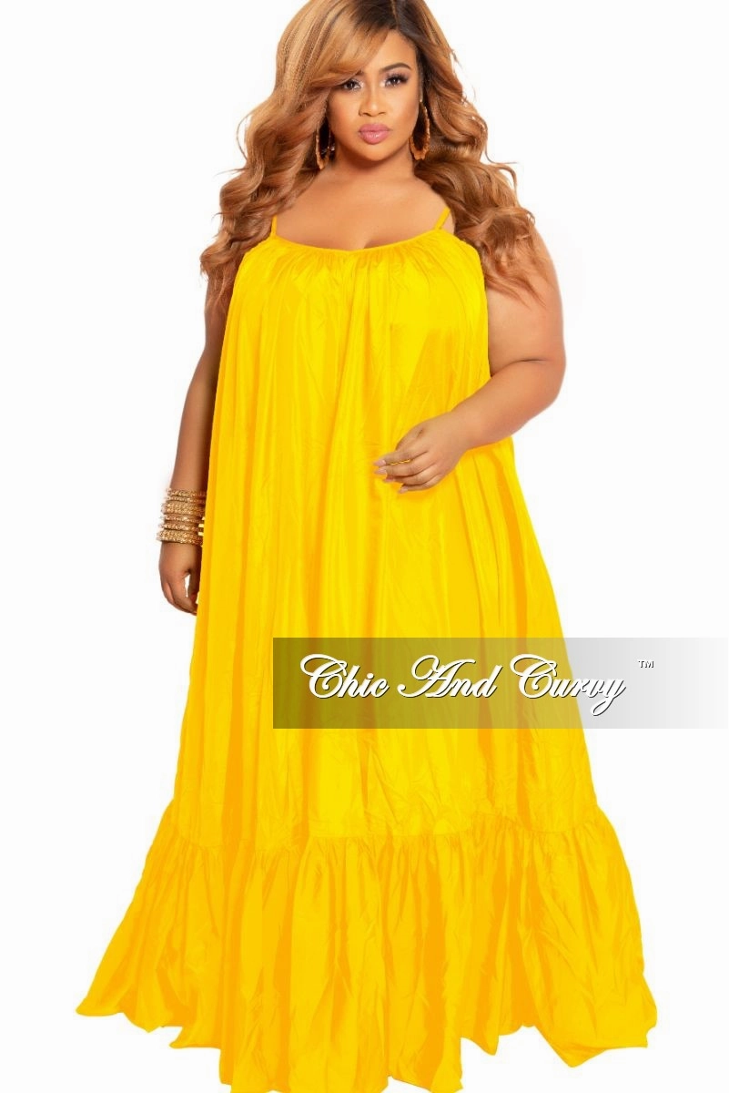 Final Sale Plus Size Spaghetti Strap Peasant Maxi Dress in Yellow Mustard Quick Dry Fit Tailored Fit