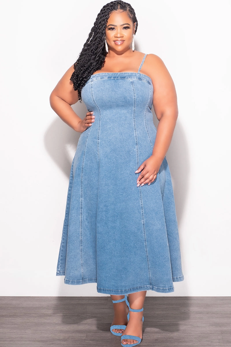 Sporty Style Final Sale Plus Size Spaghetti Strap Flare Dress in Denim