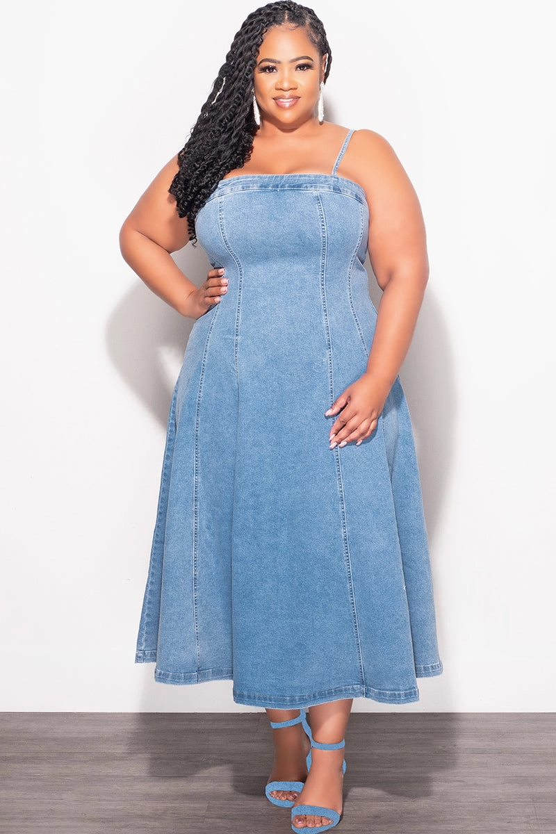 Final Sale Plus Size Spaghetti Strap Flare Dress in Denim Everyday Comfort Wear Movement Fit