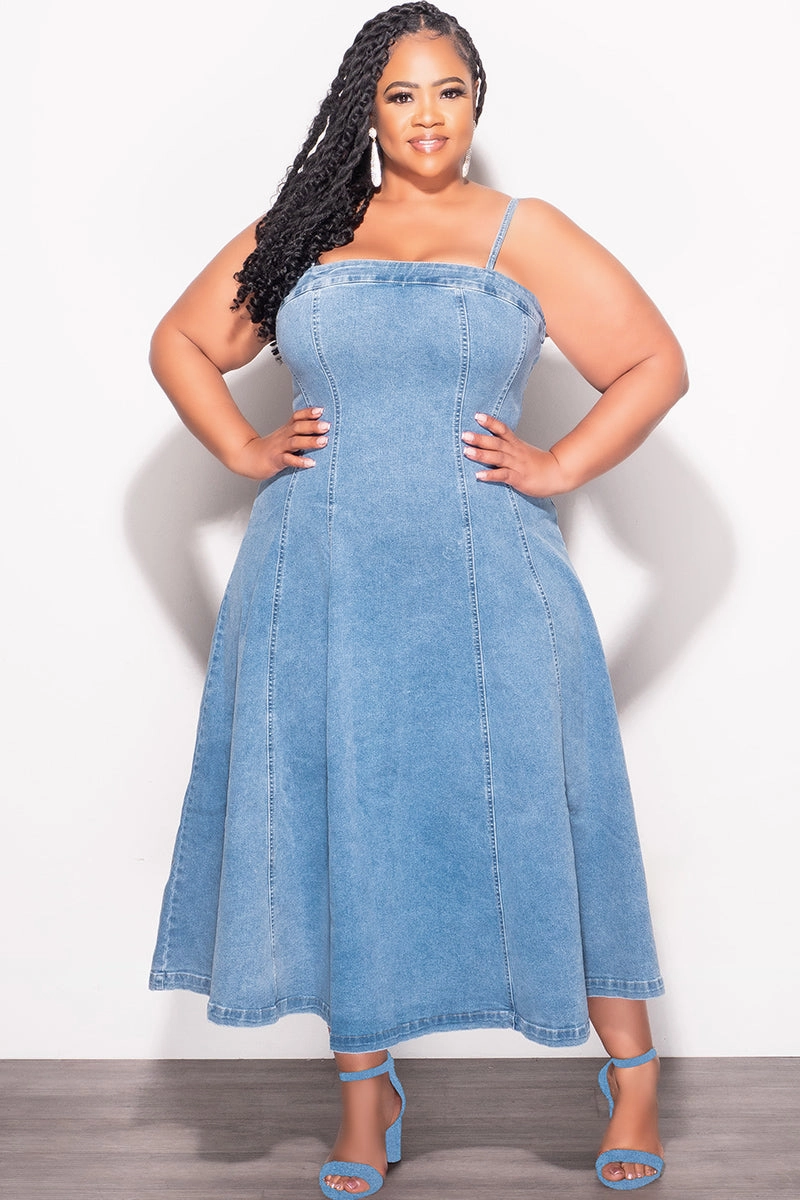 Final Sale Plus Size Spaghetti Strap Flare Dress in Denim Quick Layer
