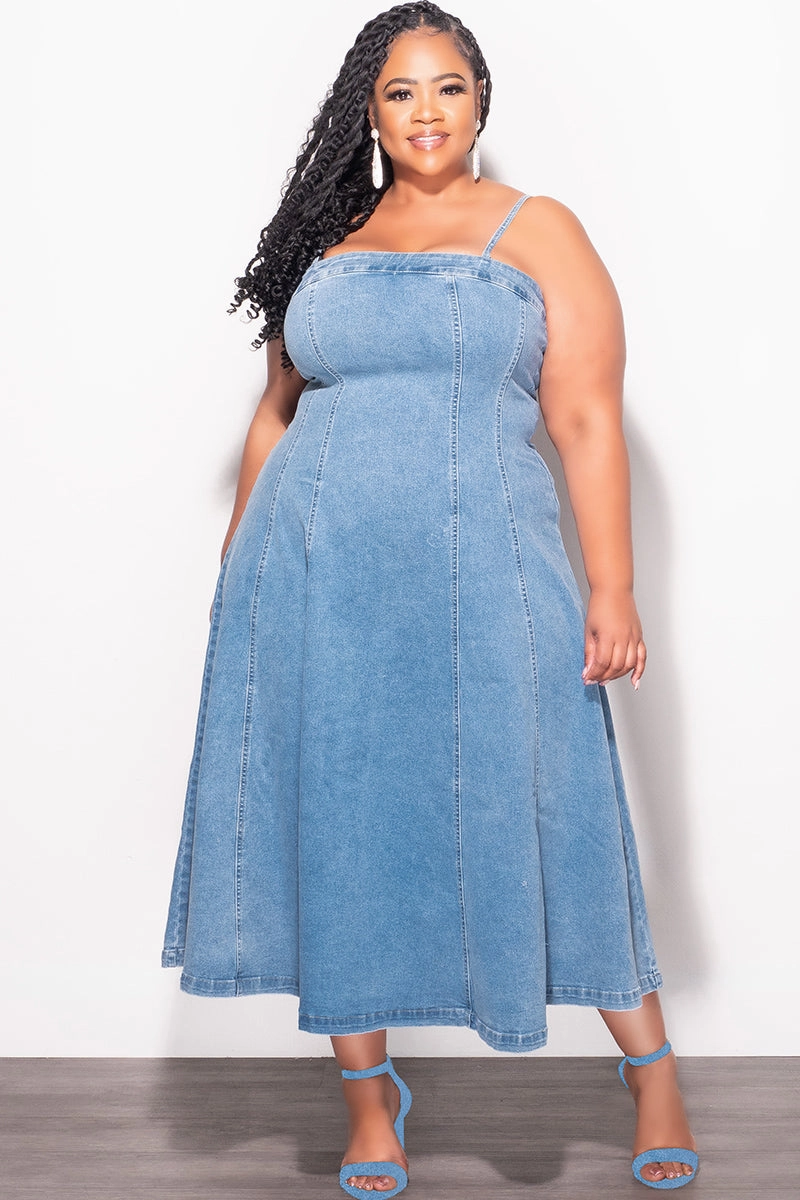 Final Sale Plus Size Spaghetti Strap Flare Dress in Denim Durable Fit
