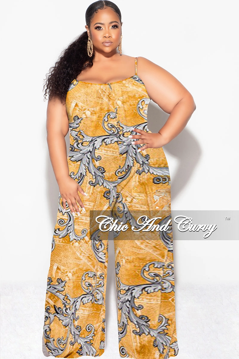 Final Sale Plus Size Spaghetti Straps Jumpsuit in Mustard and Gray Design Print Soft Performance High Waist Stretch